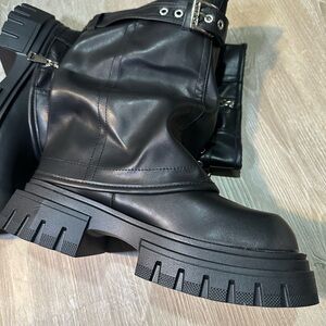 Asyllum Chunky Black Gothic Combat Boots Size 9 Buckle & Zip Faux Leather